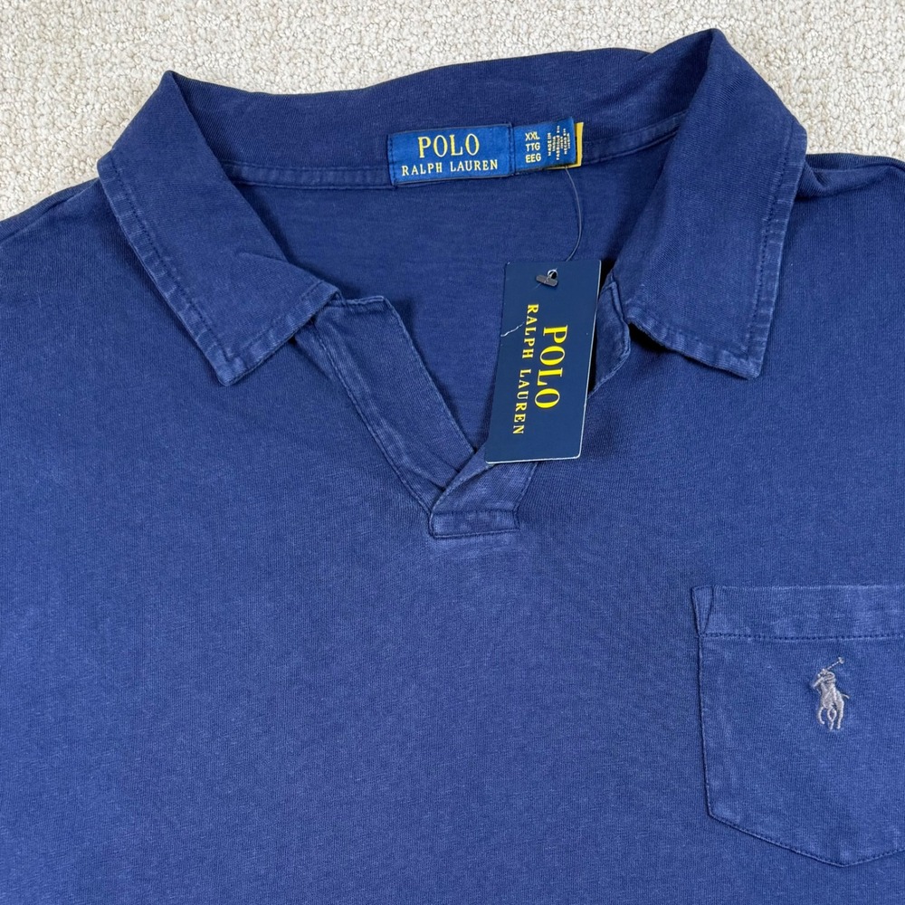 NEW Polo Ralph Lauren Men 2XL Blue Sun Wash Fade Johnny Collar Pocket Polo Shirt